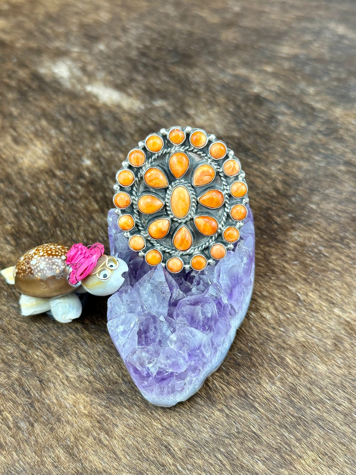 Orange Spiny Sterling Silver Floral Cluster Ring
