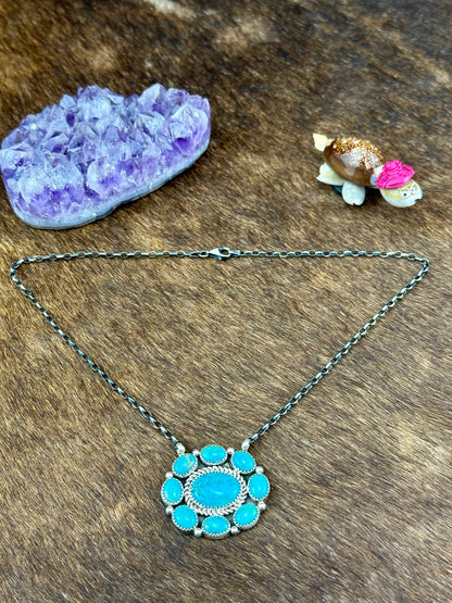 Kingman Turquoise Sterling Silve Full Cluster Necklace