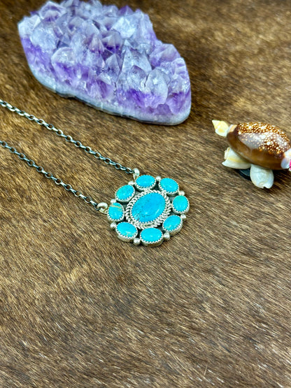 Kingman Turquoise Sterling Silve Full Cluster Necklace