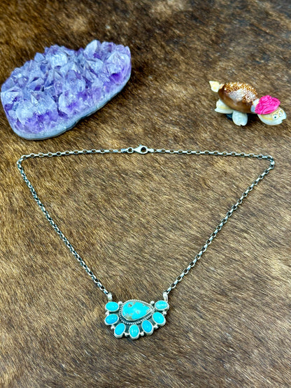 Kingman Turquoise Sterling Silver Half Cluster Necklace