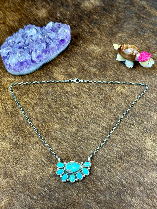 Kingman Turquoise Sterling Silver Half Cluster Necklace