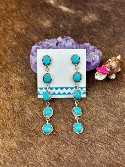 Kingman Turquoise Sterling Silver 5 Stone Dangle Earrings