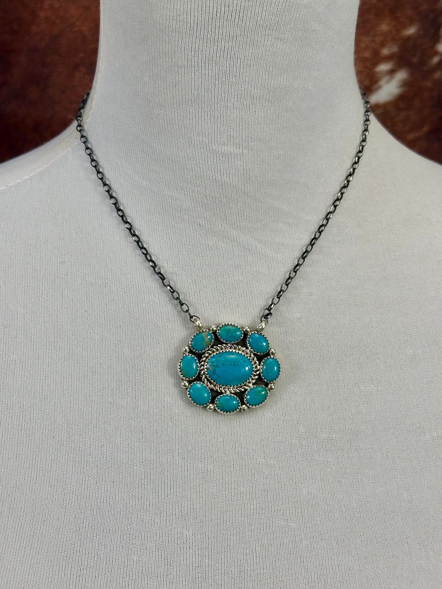 Kingman Turquoise Sterling Silve Full Cluster Necklace