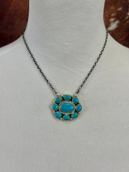 Kingman Turquoise Sterling Silve Full Cluster Necklace