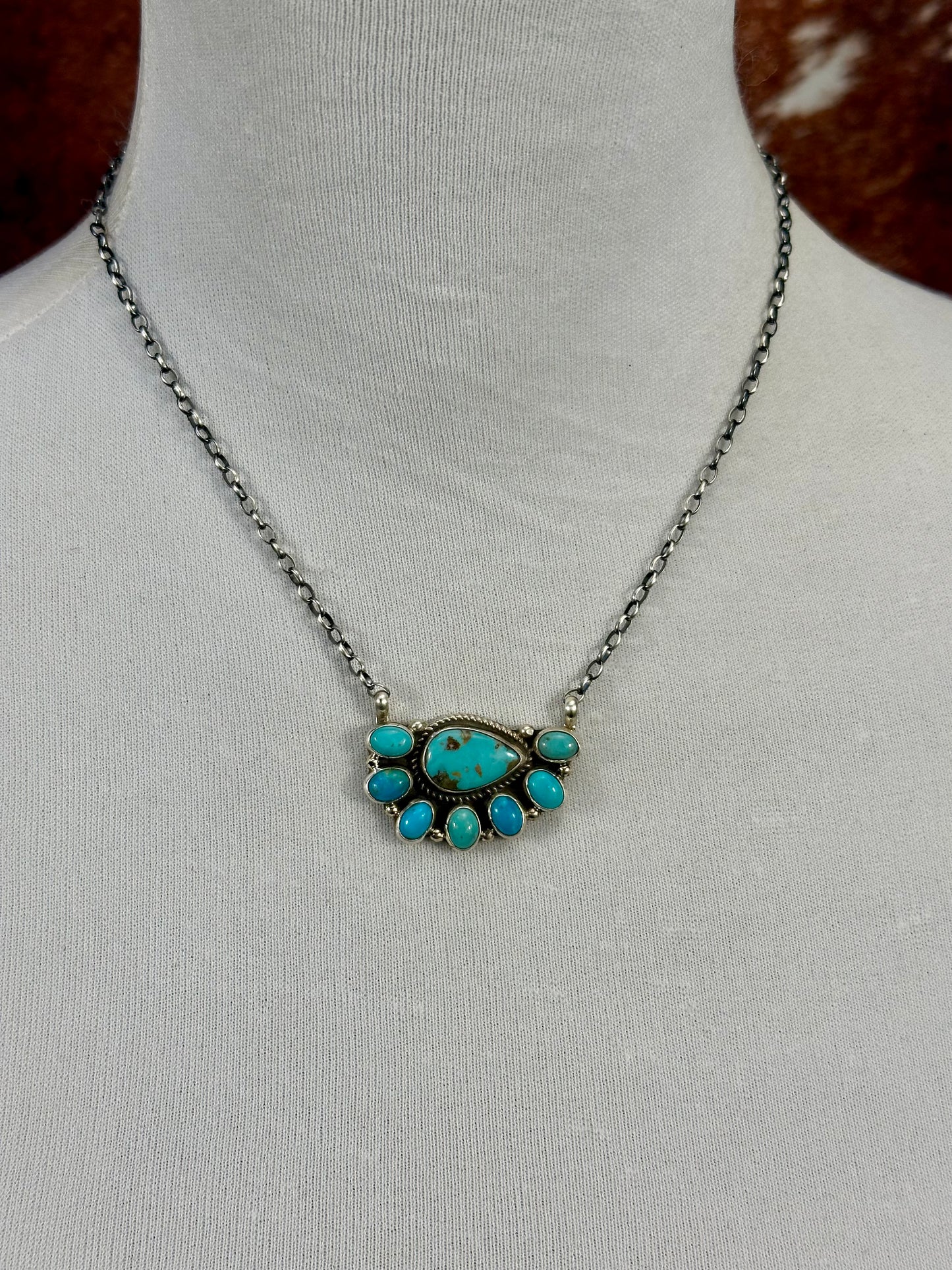 Kingman Turquoise Sterling Silver Half Cluster Necklace