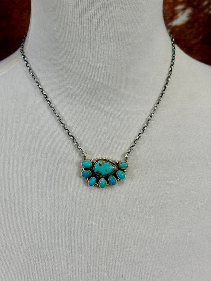 Kingman Turquoise Sterling Silver Half Cluster Necklace