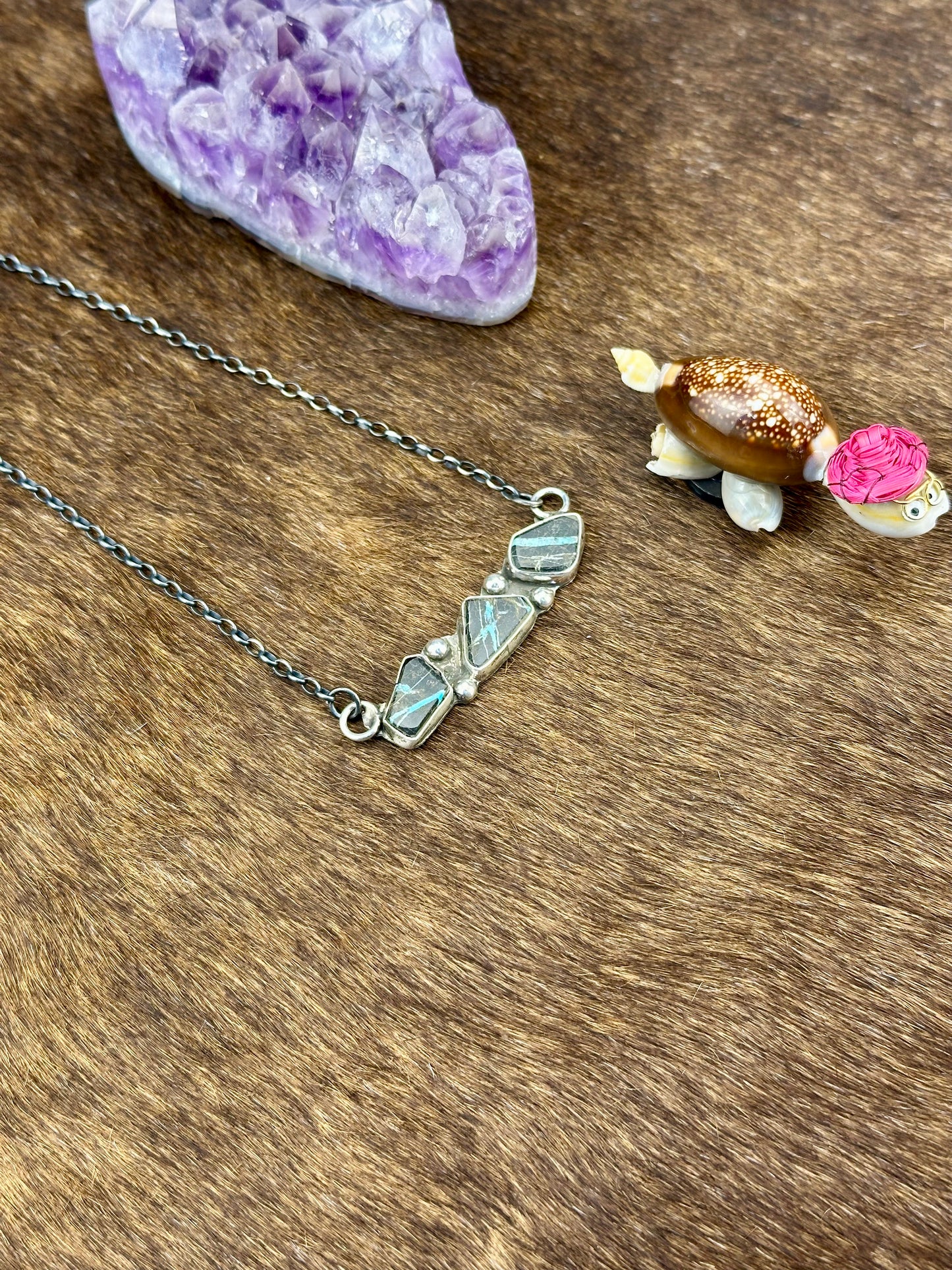 Blackjack Turquoise Sterling Silver Three Stone Bar Necklace