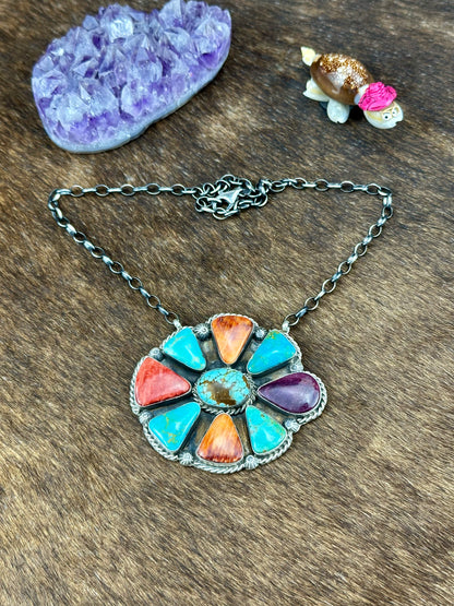 Multi-Color Sterling SIlver Full Cluster Necklace