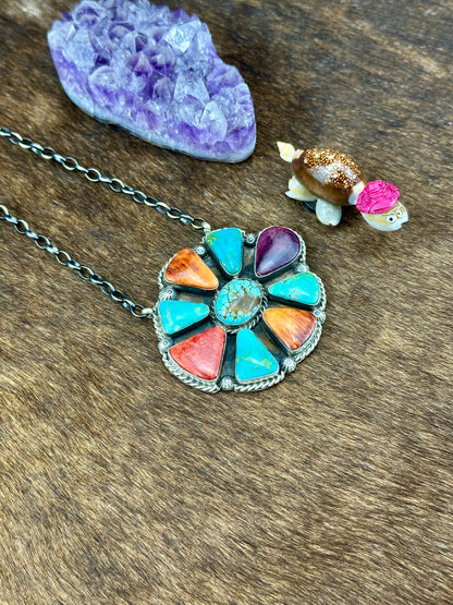 Multi-Color Sterling SIlver Full Cluster Necklace