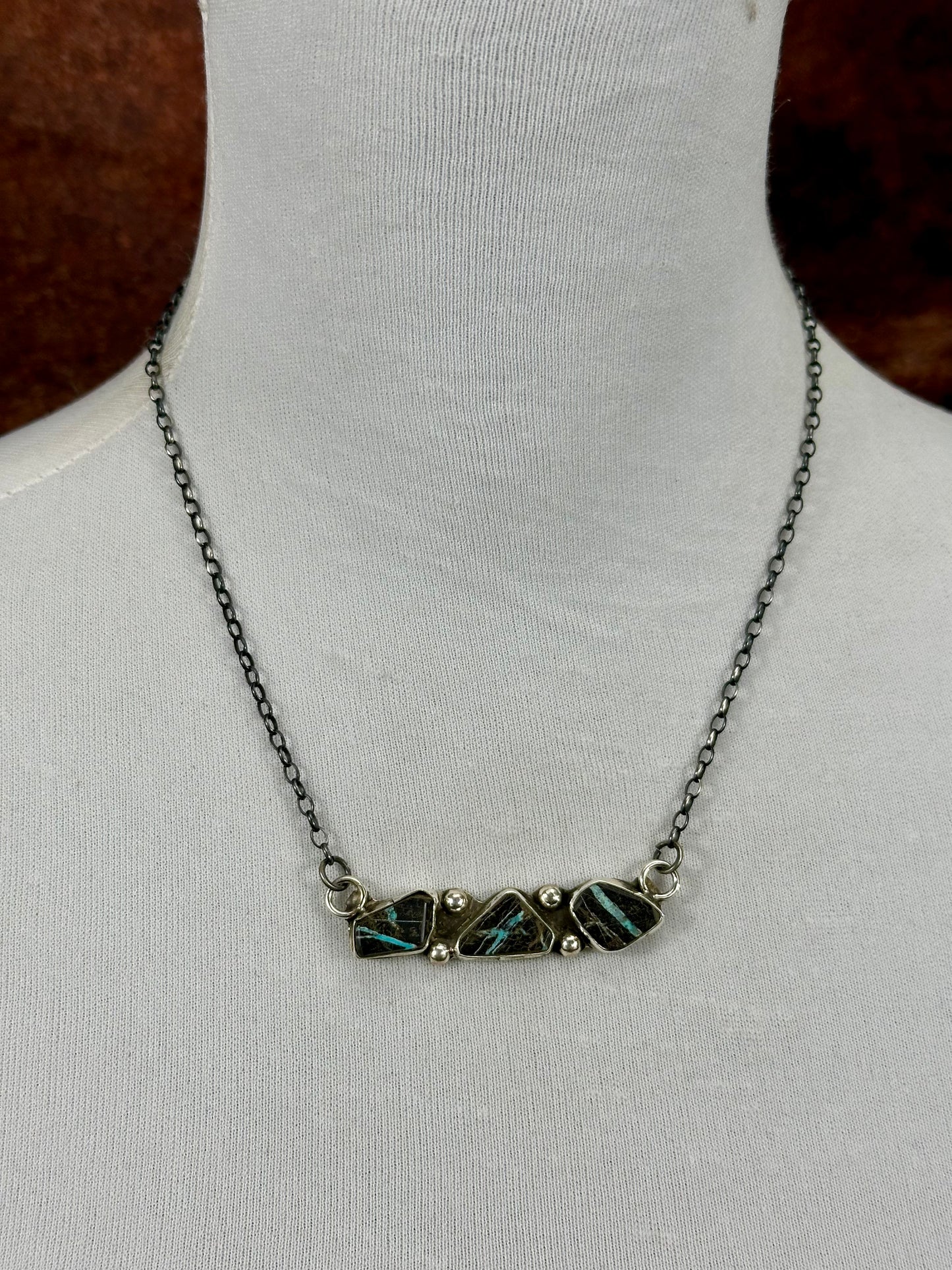 Blackjack Turquoise Sterling Silver Three Stone Bar Necklace