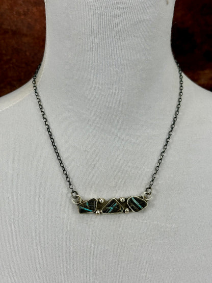 Blackjack Turquoise Sterling Silver Three Stone Bar Necklace
