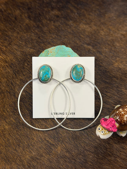 Kingman Turquoise & Sterling Silver Dangle Hoop Earrings