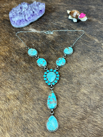 Kingman Turquoise Sterling Silver 7 Stone Cluster Necklace