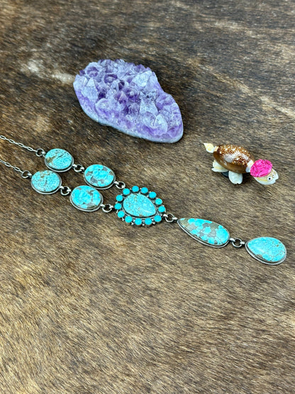Kingman Turquoise Sterling Silver 7 Stone Cluster Necklace