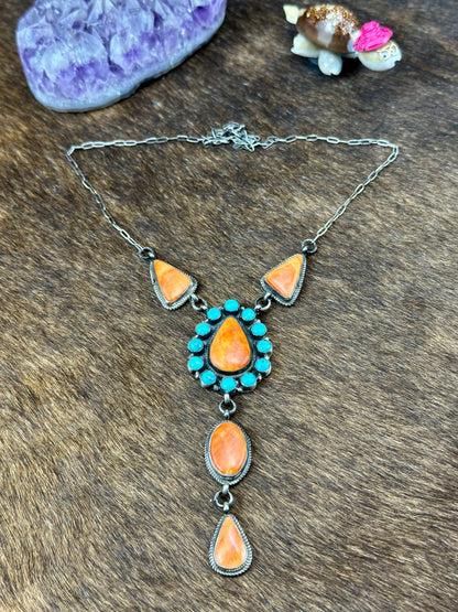 Kingman Turquoise and Orange Spiny Sterling Silver Necklace