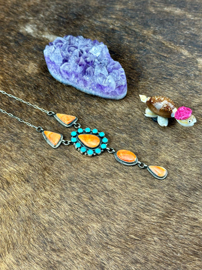 Kingman Turquoise and Orange Spiny Sterling Silver Necklace