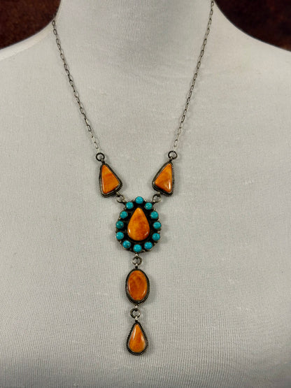 Kingman Turquoise and Orange Spiny Sterling Silver Necklace