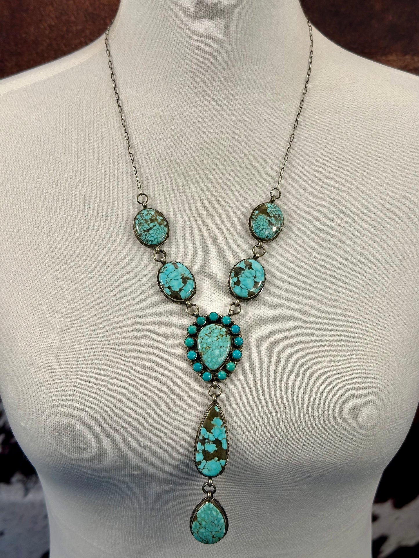 Kingman Turquoise Sterling Silver 7 Stone Cluster Necklace