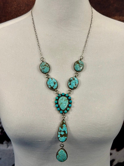 Kingman Turquoise Sterling Silver 7 Stone Cluster Necklace