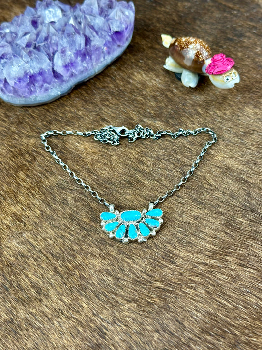 Kingman Turquoise Sterling Silver Half Cluster Necklace