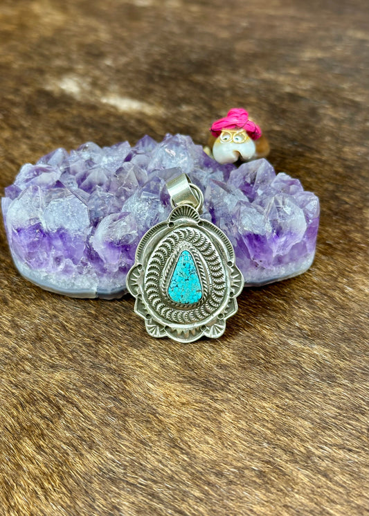 Kingman Turquoise Sterling Silver Stamped Pendant
