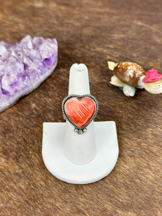 Red Spiny Sterling Silver Single Stone Heart Ring