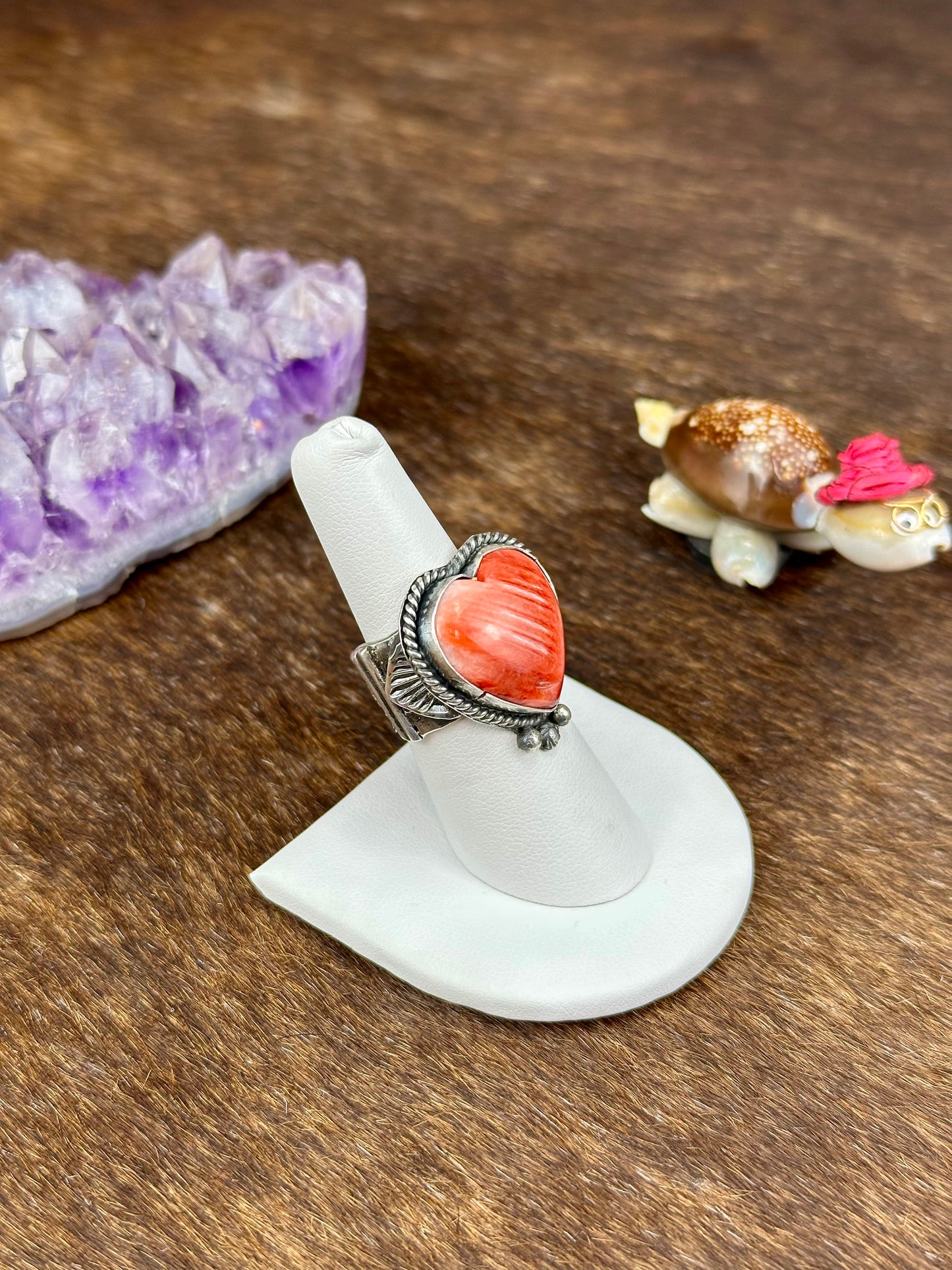 Red Spiny Sterling Silver Single Stone Heart Ring