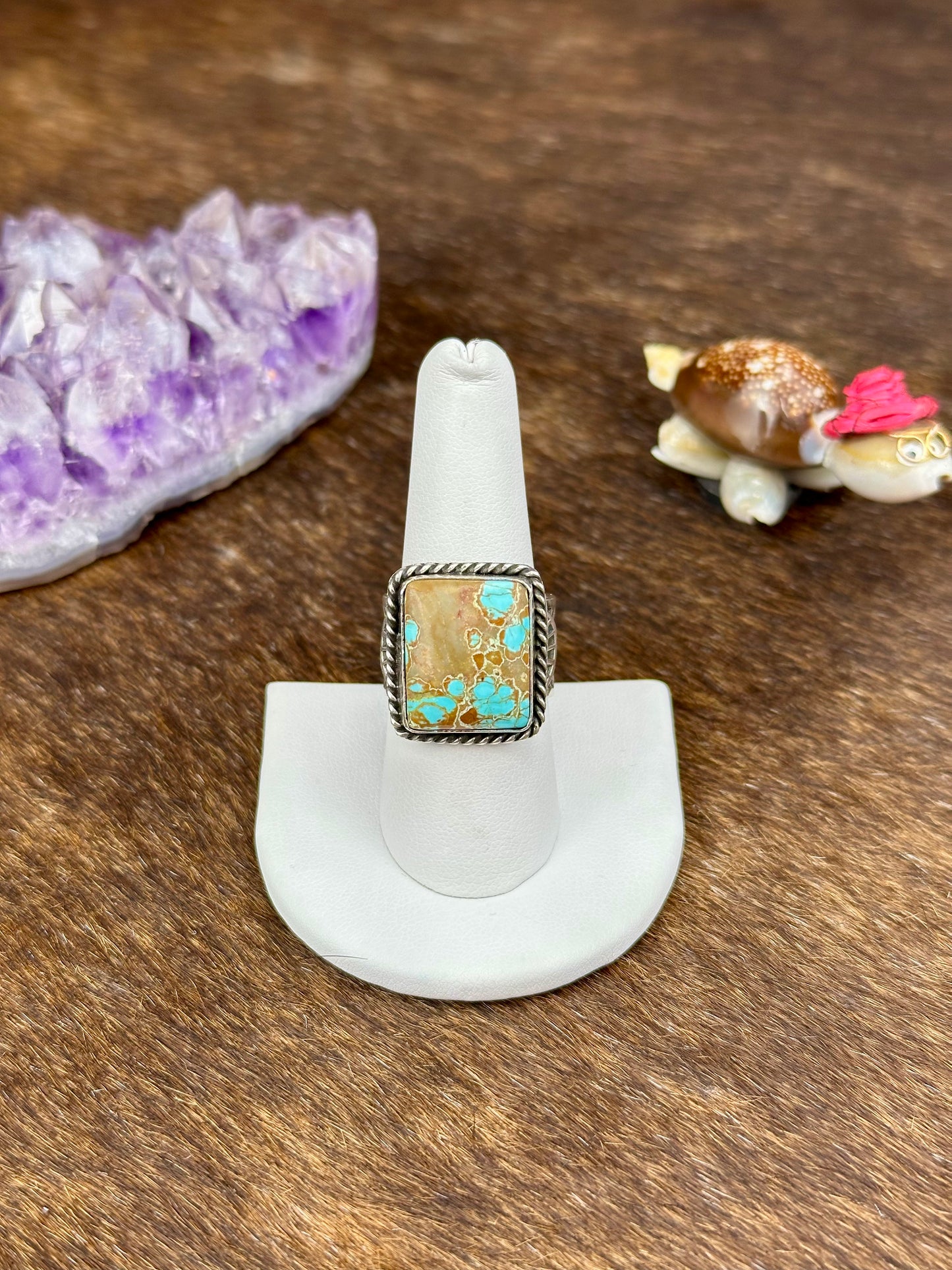#8 Turquoise Sterling Silver Stamped Single Stone Square Ring