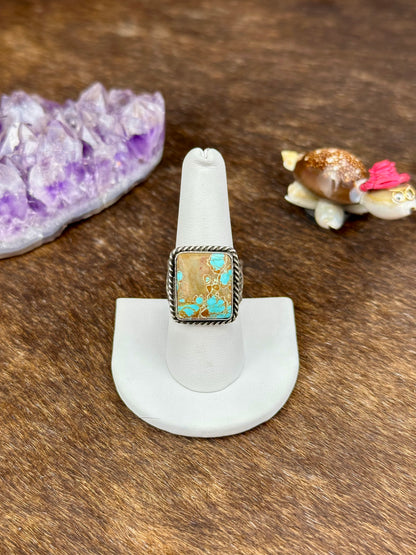#8 Turquoise Sterling Silver Stamped Single Stone Square Ring
