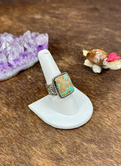 #8 Turquoise Sterling Silver Stamped Single Stone Square Ring
