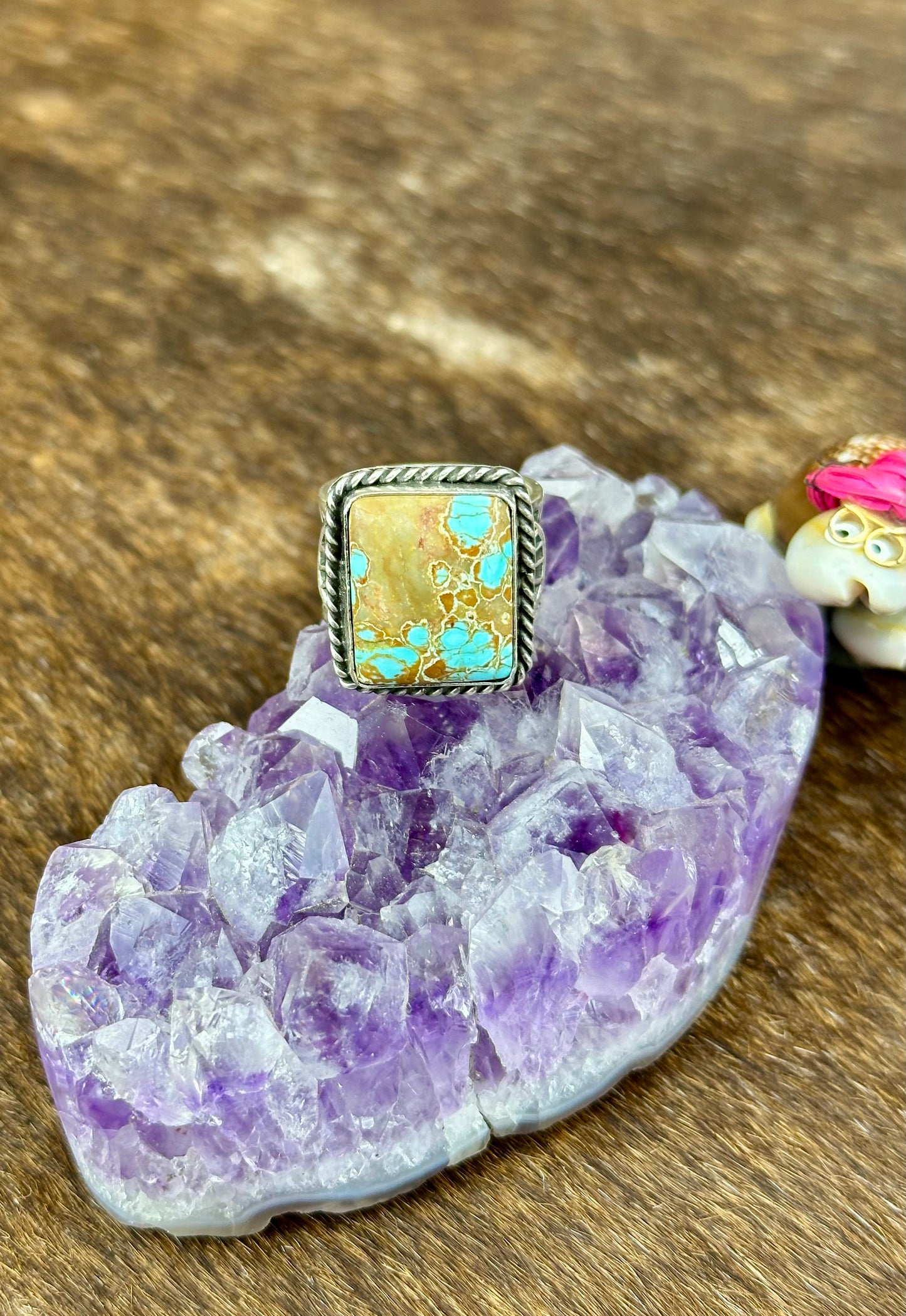 #8 Turquoise Sterling Silver Stamped Single Stone Square Ring