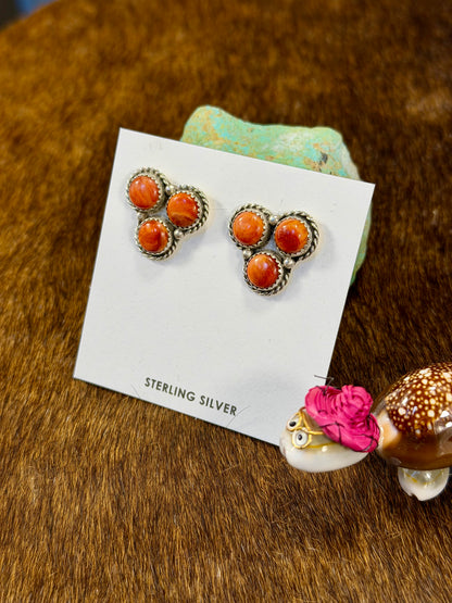 Orange Spiny 3 Stone Earring