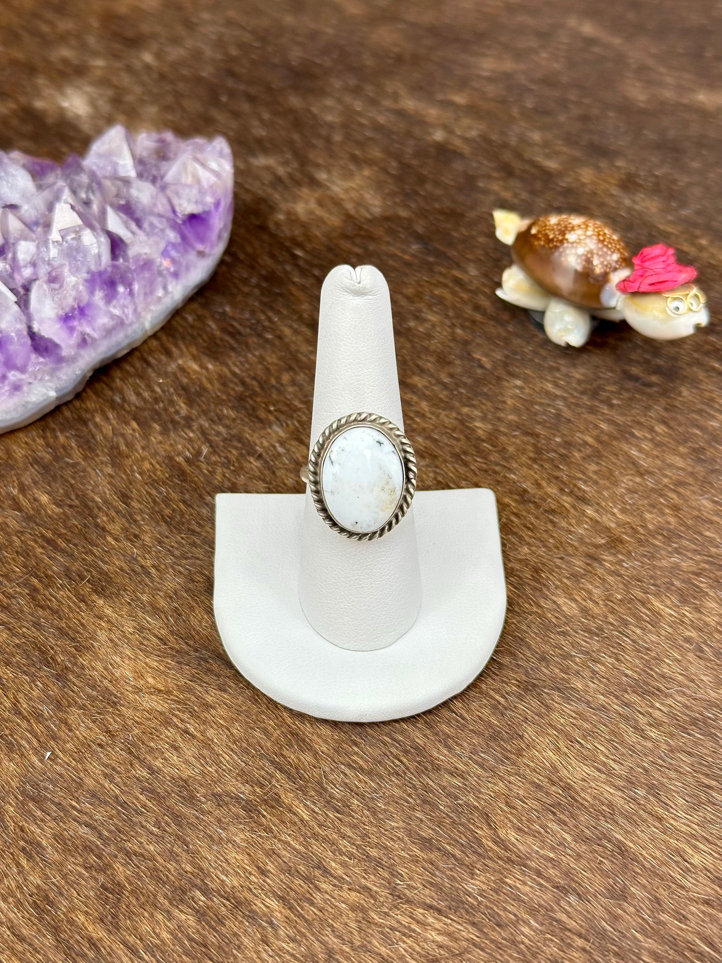 White Buffalo Sterling Silver Oval Ring