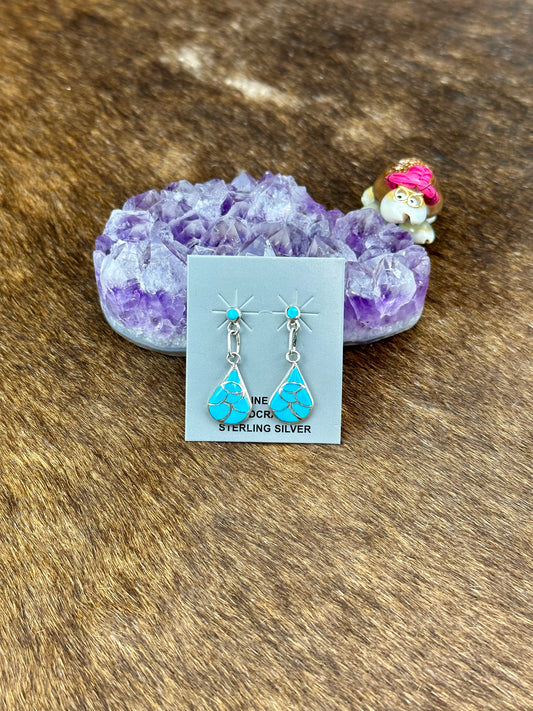 Kingman Turquoise Sterling Silver Teardrop Inlay Dangle Earrings