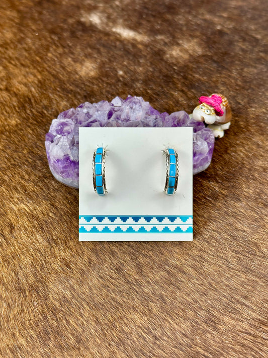 Kingman Turquoise Sterling Silver Inlay Hoop Earrings