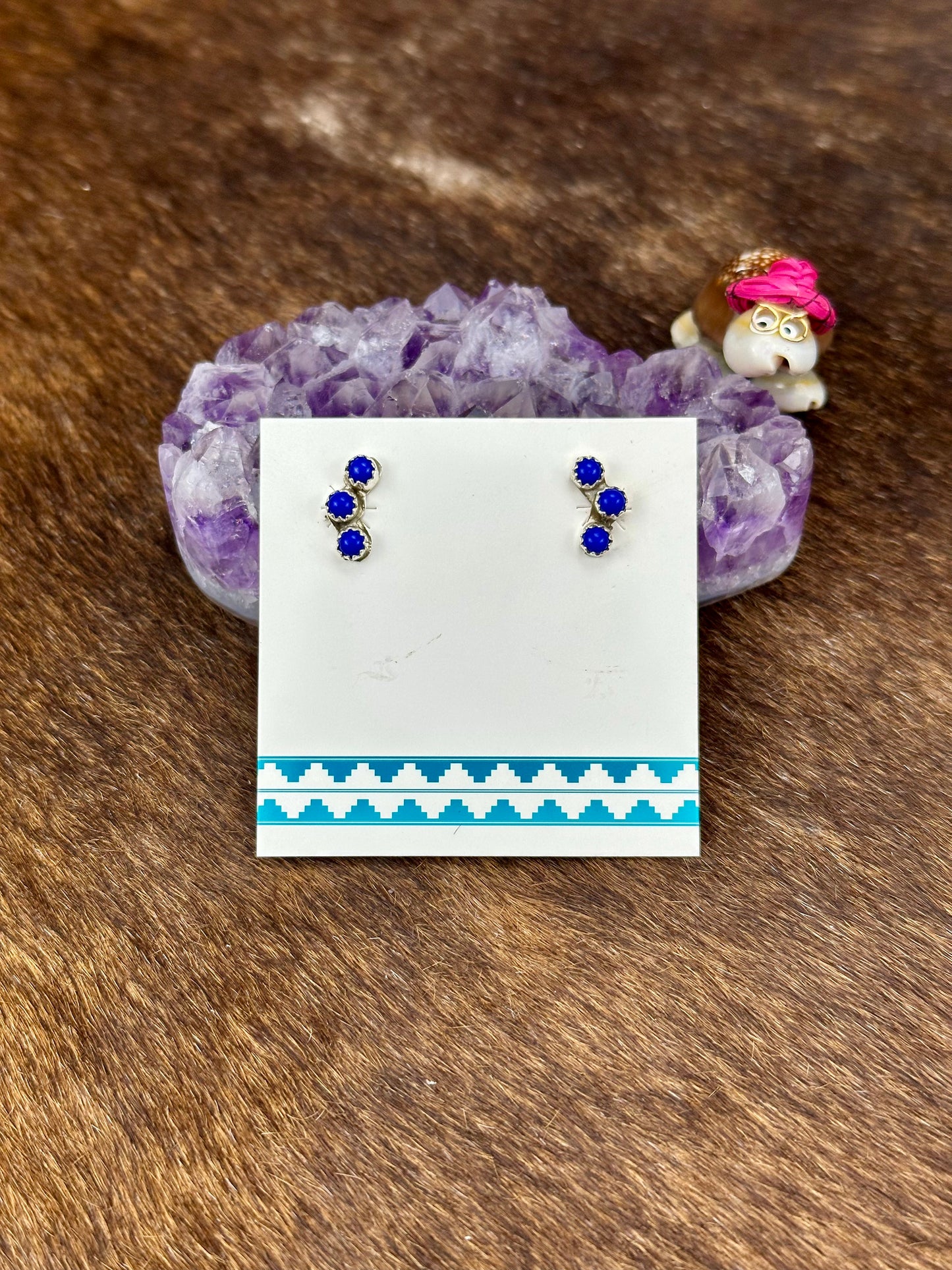 Lapis Sterling Silver Three Stone Stud Earrings
