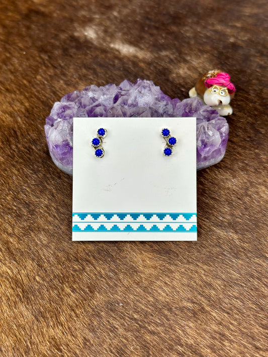 Lapis Sterling Silver Three Stone Stud Earrings