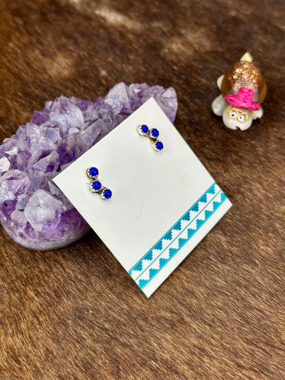 Lapis Sterling Silver Three Stone Stud Earrings