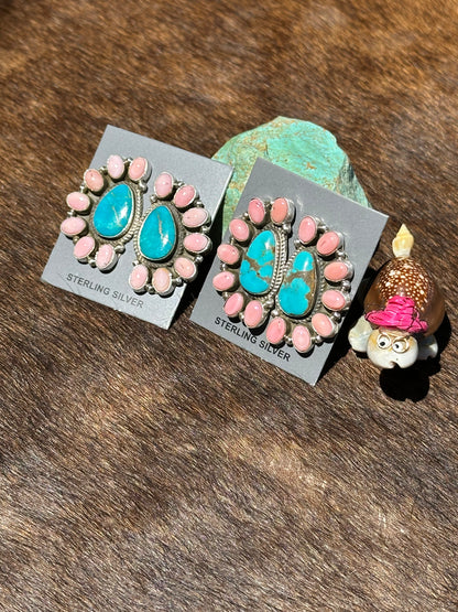 Pink Conch and Kingman Half Cluster Earring