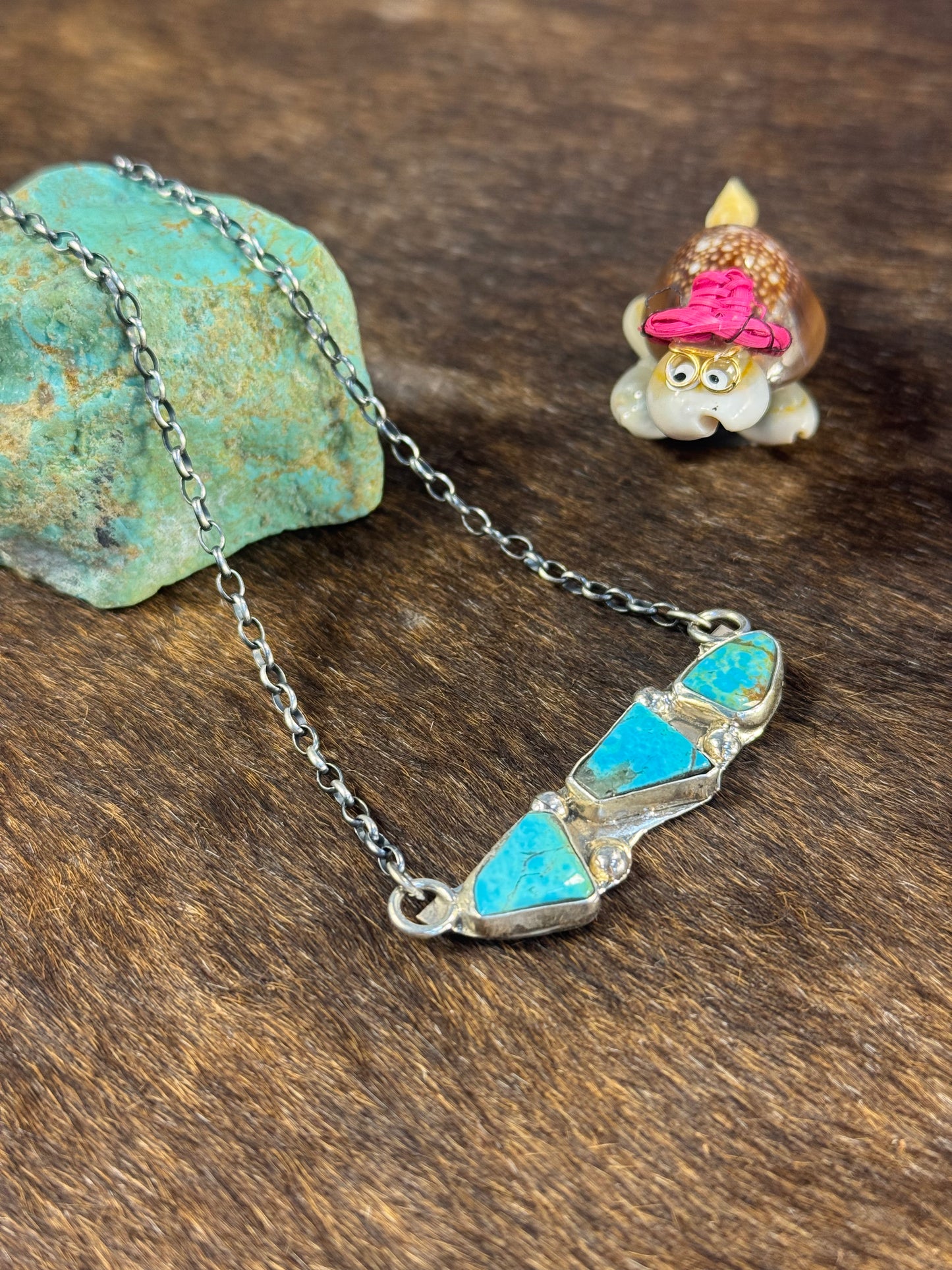 Kingman Turquoise 3 Stone Bar Necklace