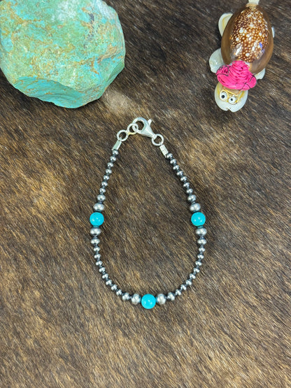 Kingman Turquoise &Sterling Silver Pearl Bracelet