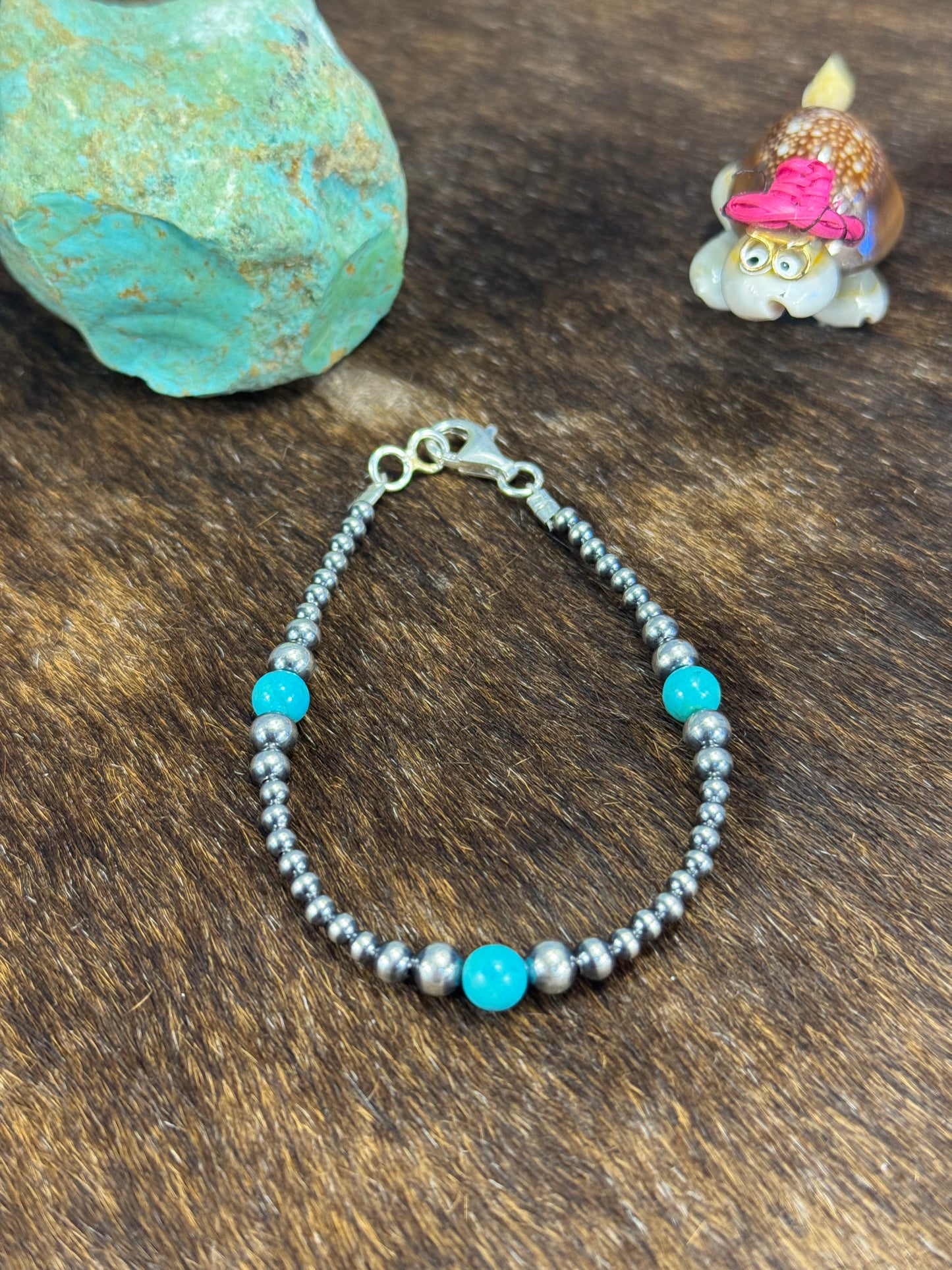 Kingman Turquoise &Sterling Silver Pearl Bracelet
