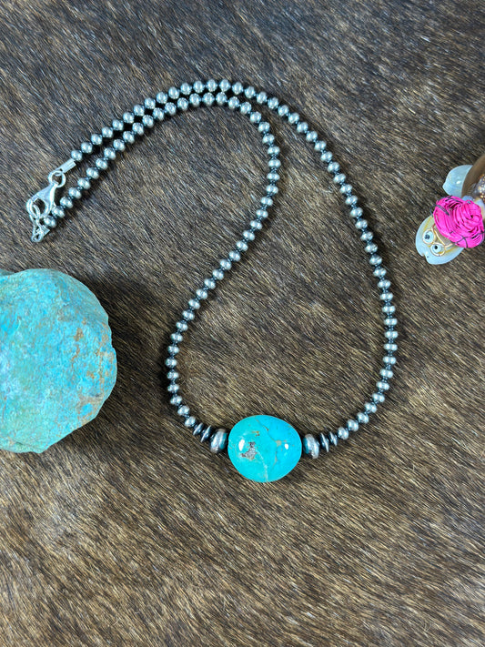4mm Sterling Silver bead and Kingman chunk necklace