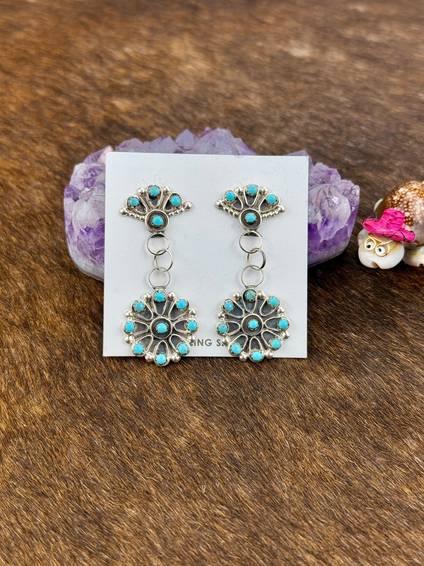 Kingman Turquoise Floral Cluster Dangle Earrings