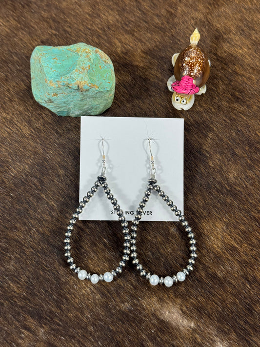Freshwater Pearl Navajo Style Teardrop 3-Bead Earrings