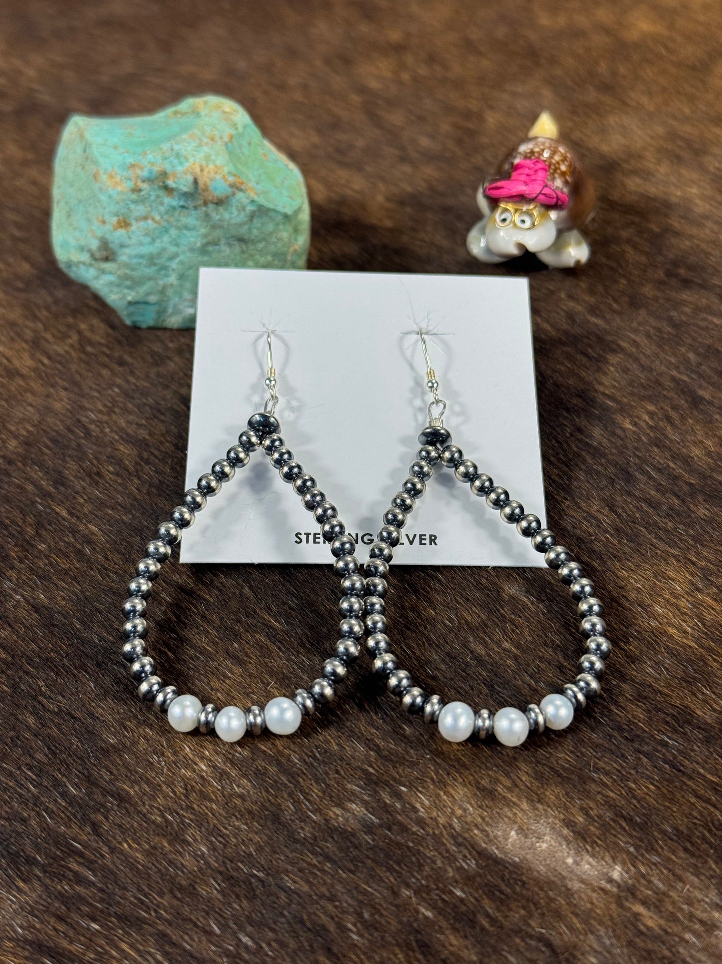 Freshwater Pearl Navajo Style Teardrop 3-Bead Earrings