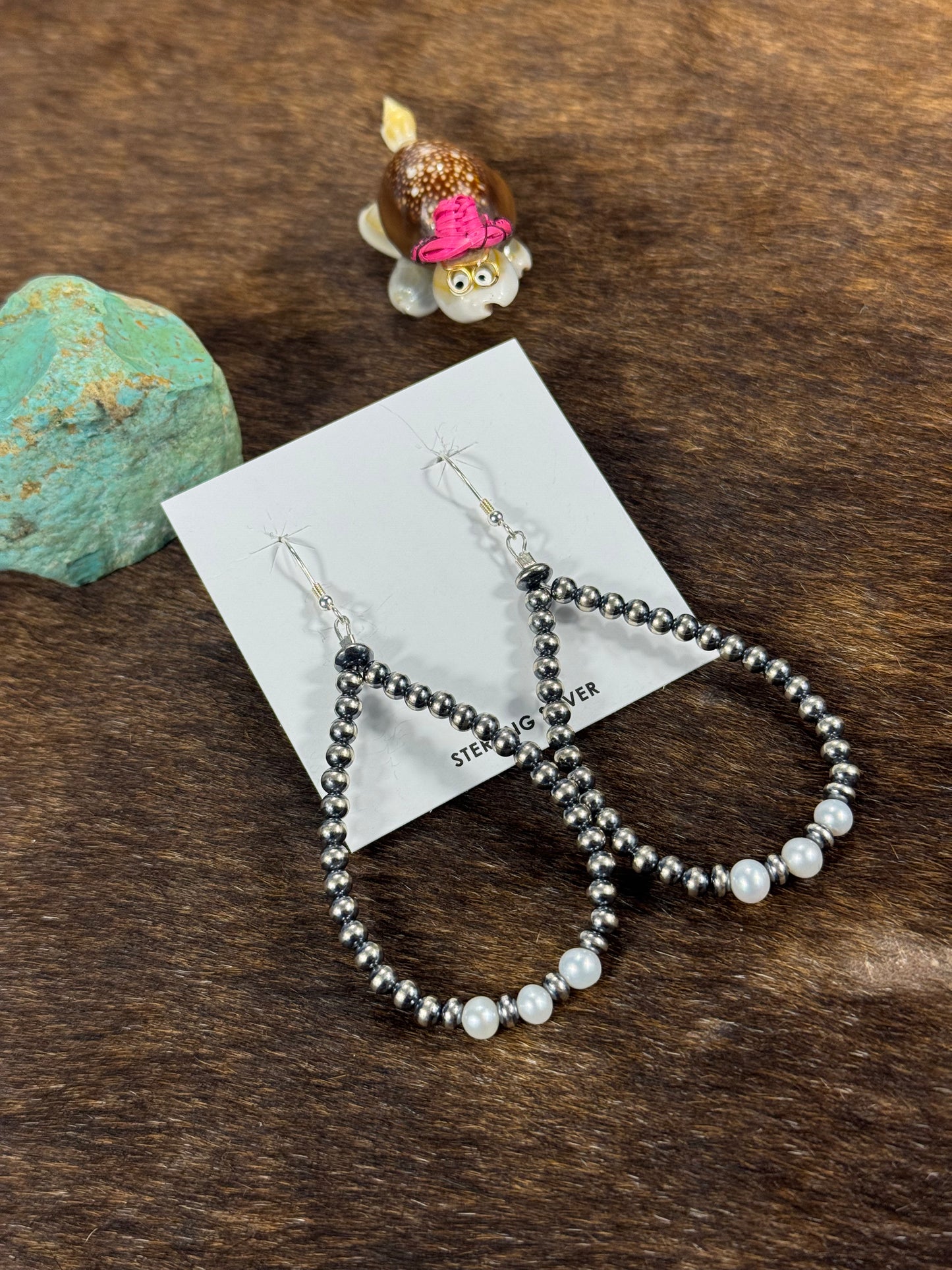 Freshwater Pearl Navajo Style Teardrop 3-Bead Earrings