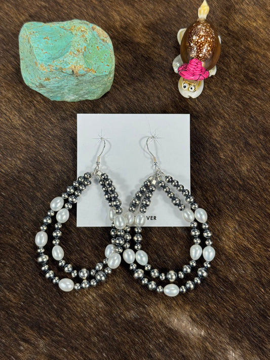 Freshwater Pearl Navajo Style Teardrop Double Earrings