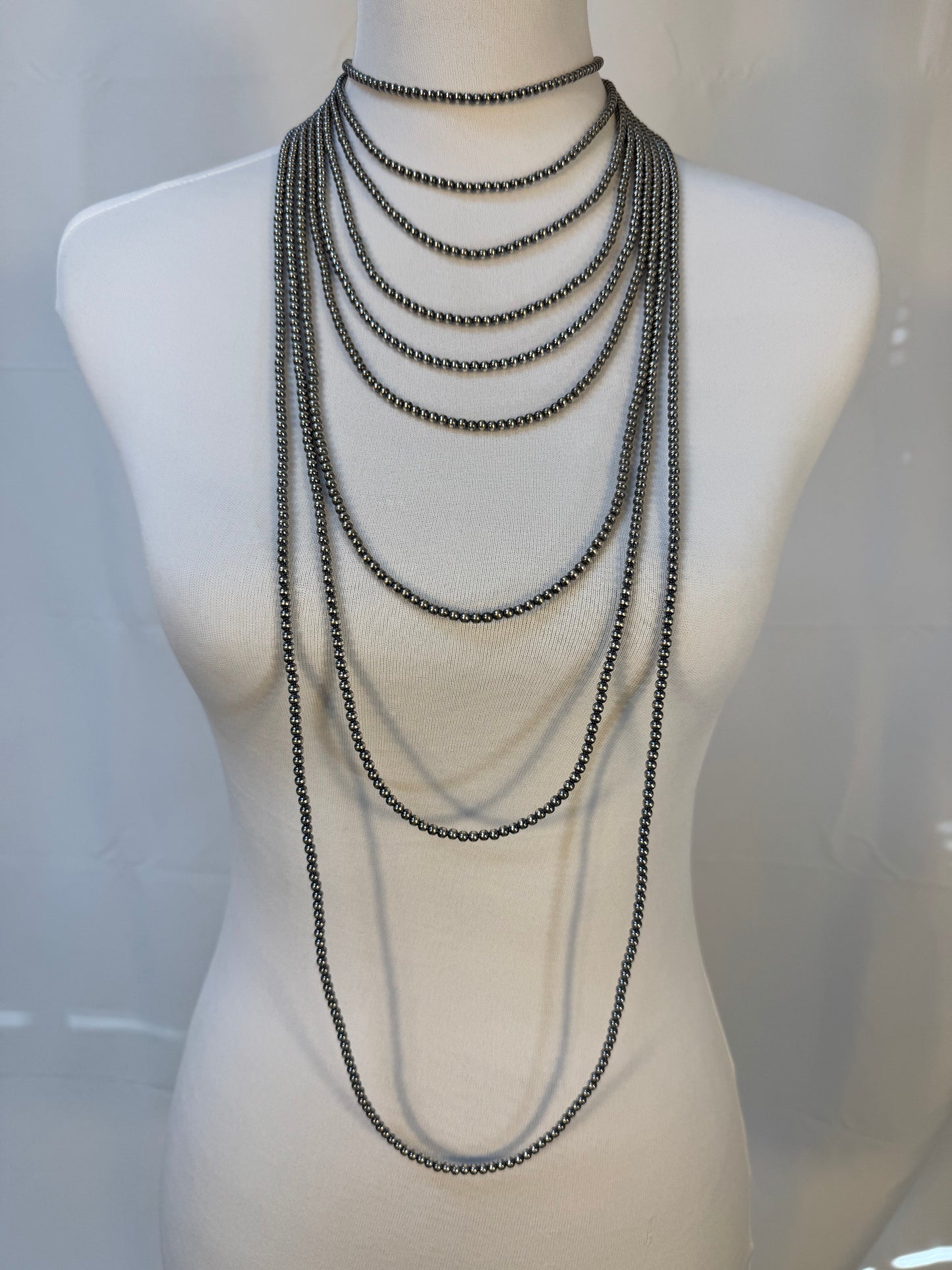 4MM " Navajo Style" Sterling Pearls Necklace