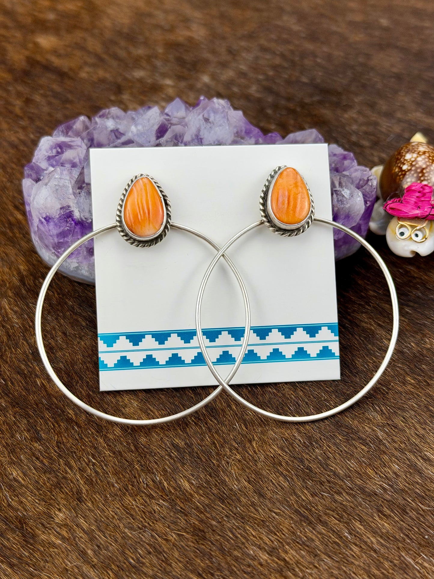 Orange Spiny Teardrop Hoop Sterling Silver Earrings